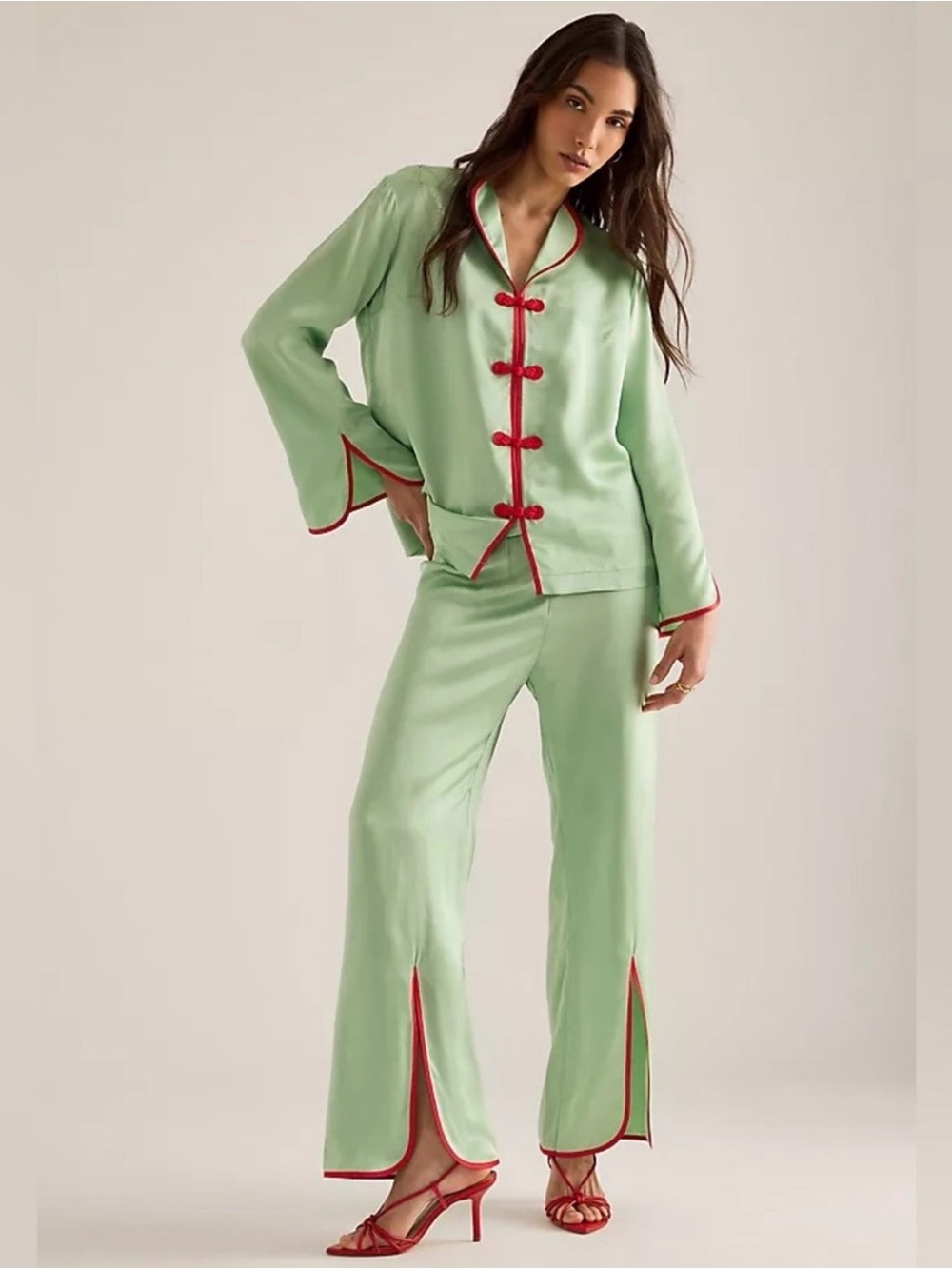 Sleeper Louis Chinoiserie Contrast Ensemble in Green and Red